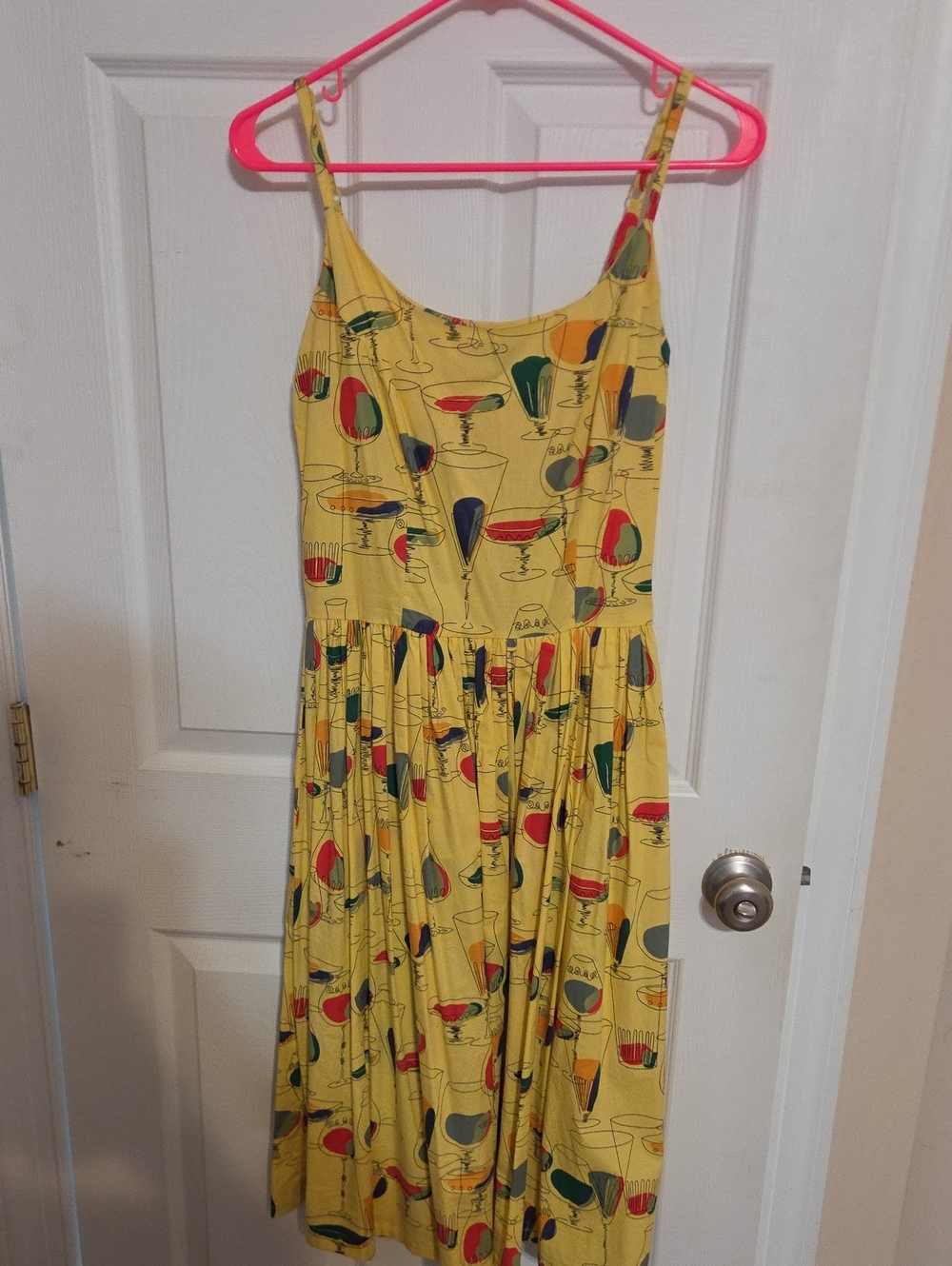 Bettie Page Yellow Cocktail Print Midi Dress Vintage